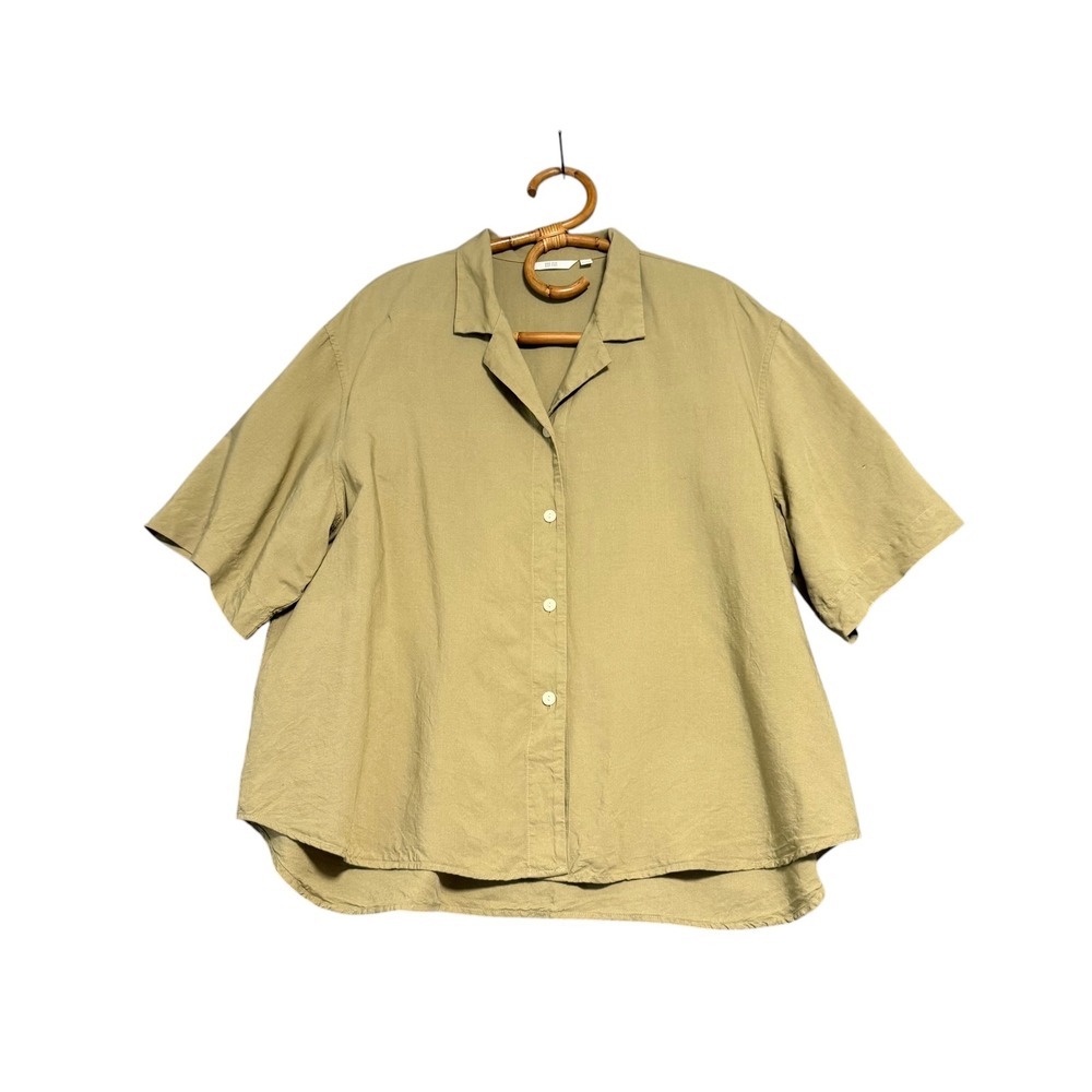 Uniqlo | Short Sleeve Boxy Button Down Shirt Green XL Rayon Linen Cotton